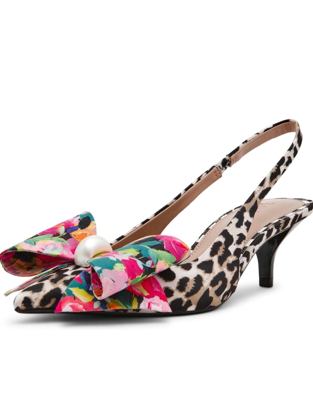Betsey Johnson Claira Leopard Print Slingback Pumps w/ Floral Bow & Pearl Sz 10